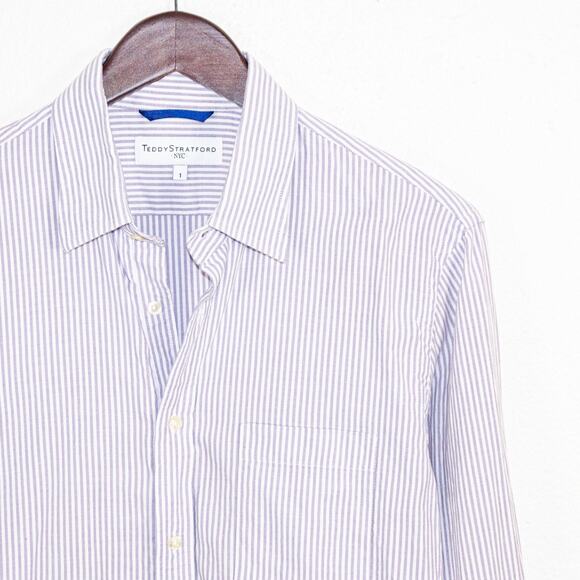 Teddy Stratford NYC Men's zip Button Down Shirt Purple Striped cotton size 1 - Picture 3 of 9